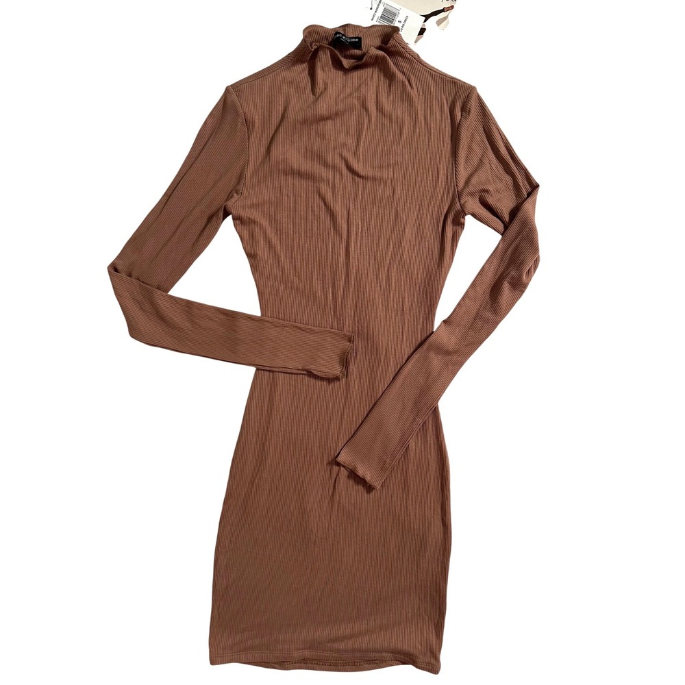 NWT Naked Wardrobe Long Sleeve Bodycon Rib Dress in Coco‎ Size Small